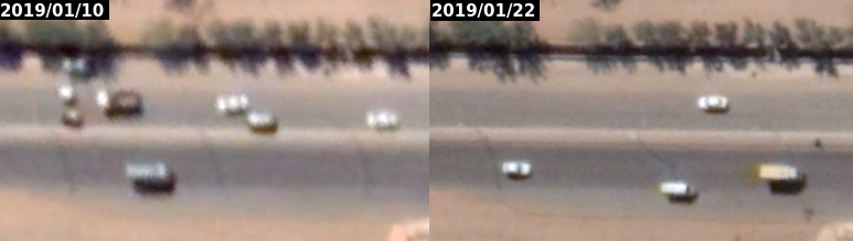 Source: screenshot of satellite images of Air Street, Khartoum from 10 January (left) and 22 January (right) 2019. In the left picture the shadows cast by the lamp posts are parallel, indicating that they are all upright. In the right picture, while fain