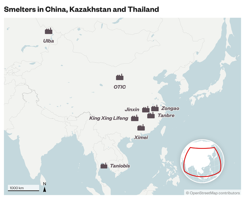map showing smelters in china, kazakhstan and thailand