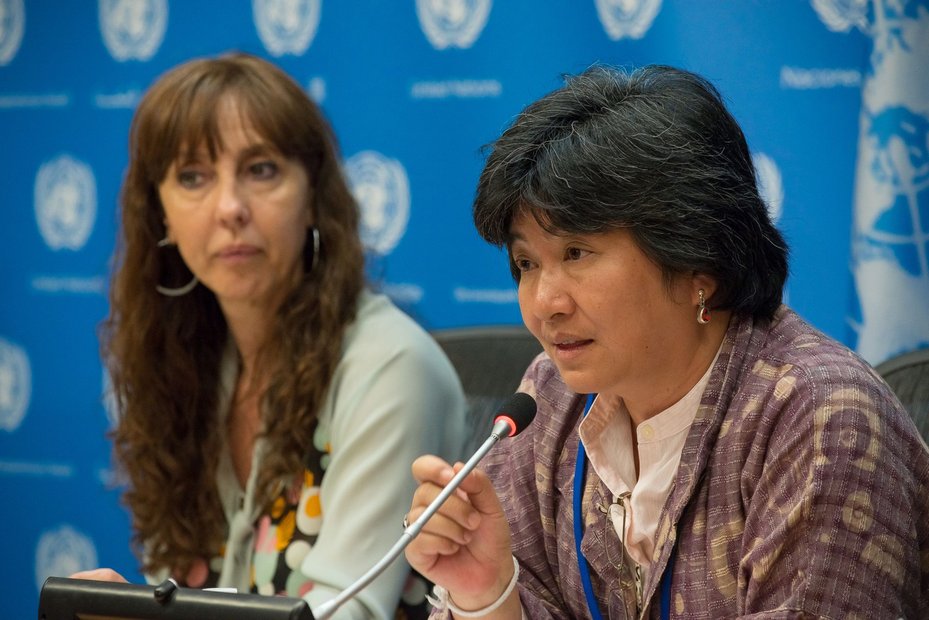 Joan Carling (right) speaks at a United Nations press conference in 2023, calling for the Sustainable Development Goals framework to centre Indigenous Peoples