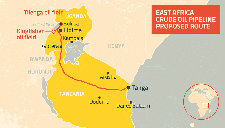 map showing east africa crude oil pipeline proposed route through uganda and tanzania