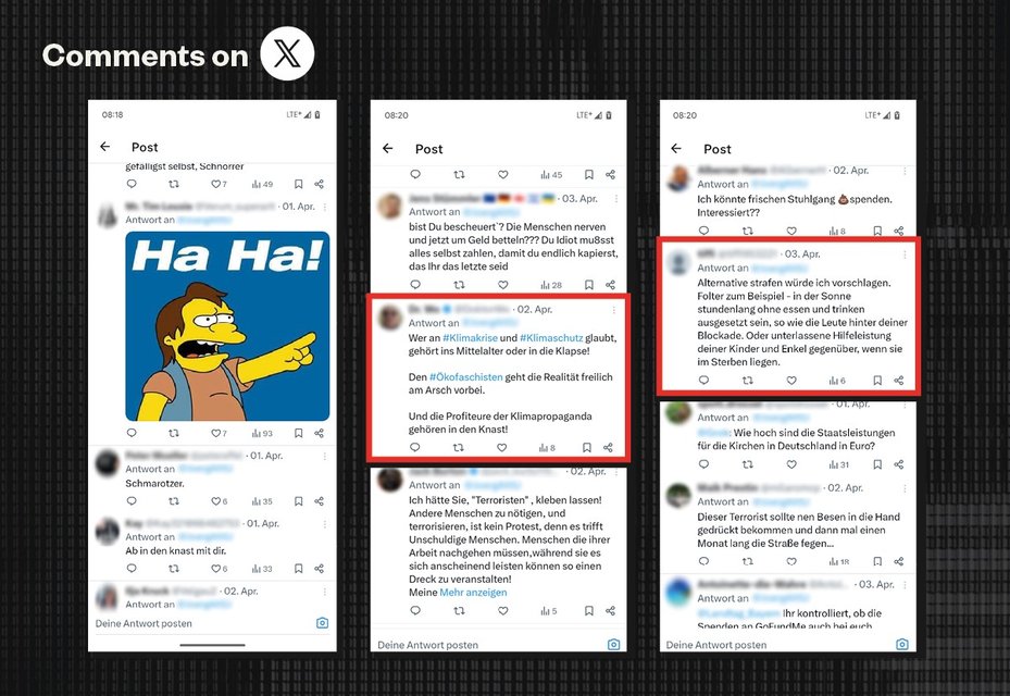 Comentarios reales en X en respuesta a una publicación de Jörg en la que decía que iba a la cárcel por su activismo por el clima. Los comentarios de respuesta dicen: «Quienes se aprovechan de la propaganda sobre el clima se merecen ir a la cárcel»