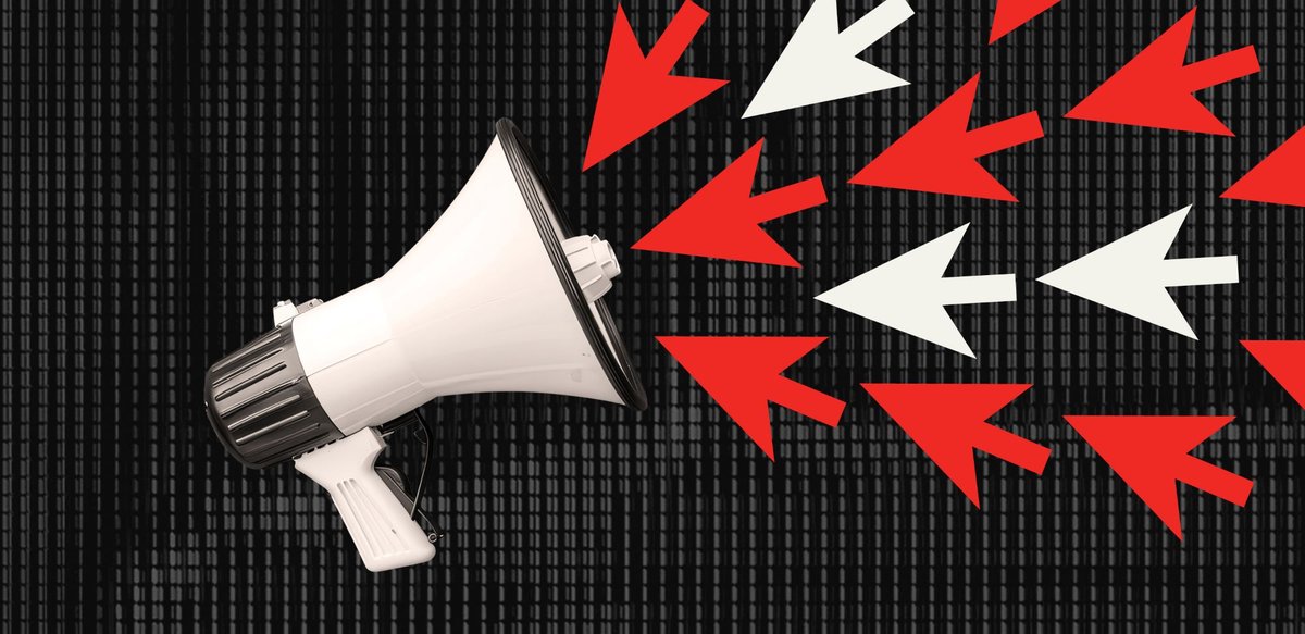 graphic of megaphone with red and white cursor arrows point towards it, illustration of digital threats to land and environmental defenders