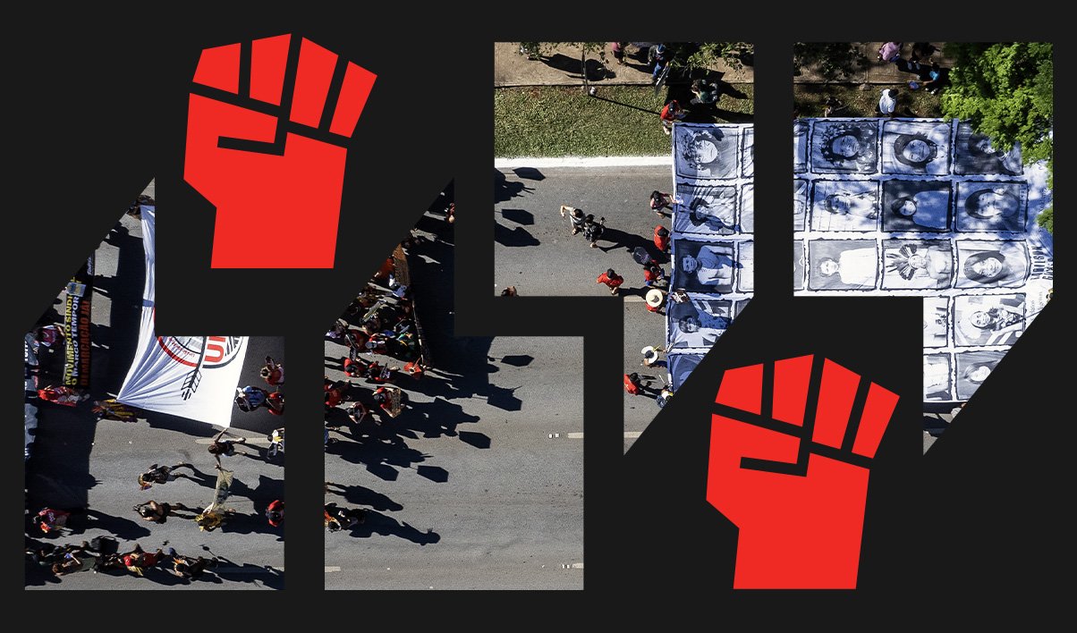 Graphic illustration showing a protest march in collage format