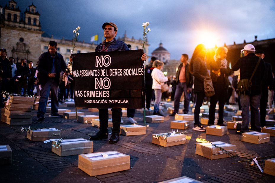 Demonstrators gather in Bolivar square in Bogota to commemorate murdered social leaders and peace signatories killed in Colombia.