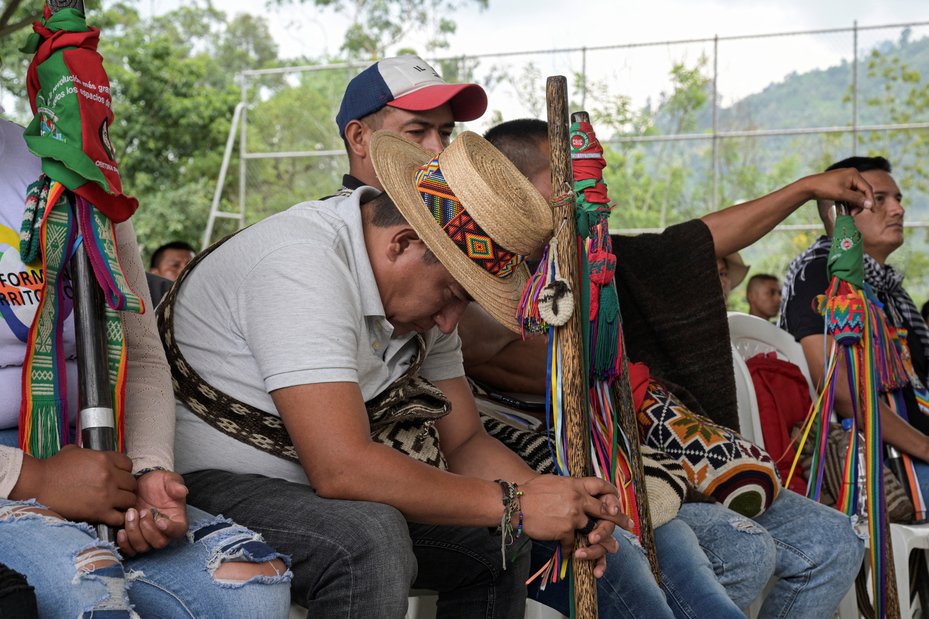 Indigenous leaders attend an assembly following the murder of the Indigenous Nasa defender, Carmelina Yule Pavi. Nineteen of the Colombian defenders killed in 2024 were from Indigenous communities.