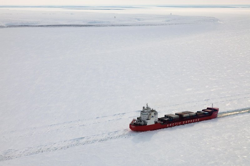 An icebreaker in Nornickel's Arctic fleet on the frozen Yenisei river during shipping from Norilsk to Murmansk