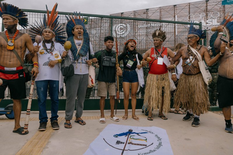 Indigenous People stage a peaceful protest outside the main entrance to COP30 on 14 November 2025, in Belém, Brazil. The protest was organised by Conselho Indígena Tapajós e Arapiuns