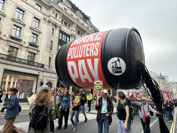 giant oil drum at Make Polluters Pay demo in London, September 2025