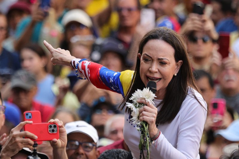 Opposition leader María Corina Machado speaks at an anti-government protest in 2025 in Caracas, Venezuela
