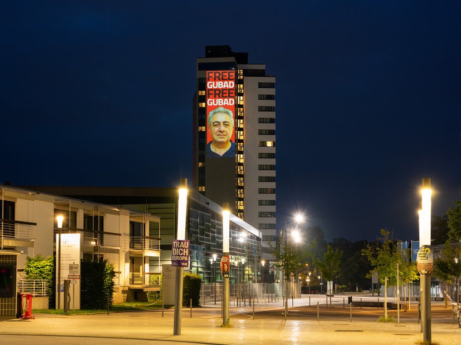 A Free Gubad projection in Bonn, Germany, calls for the release of oil and gas industry critic, Dr Gubad Ibadoghlu