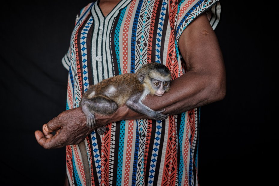 Ekuri leader, Lawrencia Agbor, holds a young rescued monkey, one of the many threatened species affected by habitat loss due to logging in the Ekuri forest.
