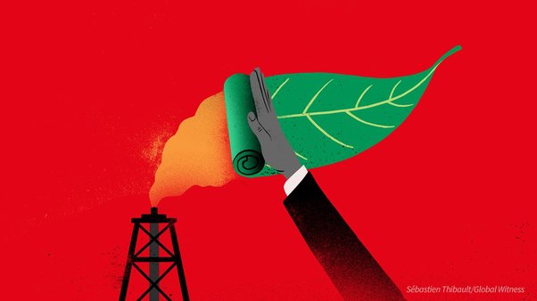 illustration of person holding leaf up to gas burner as illustration of climate crisis and emissions from deforestation