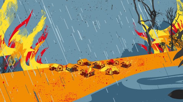 illustration showing houses surrounded by wildfire and flooding, showing impacts of extreme weather and climate crisis