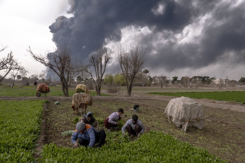 Farm workers work outside as black smoke billows overhead following attacks on oil facilities in Tehran, Iran