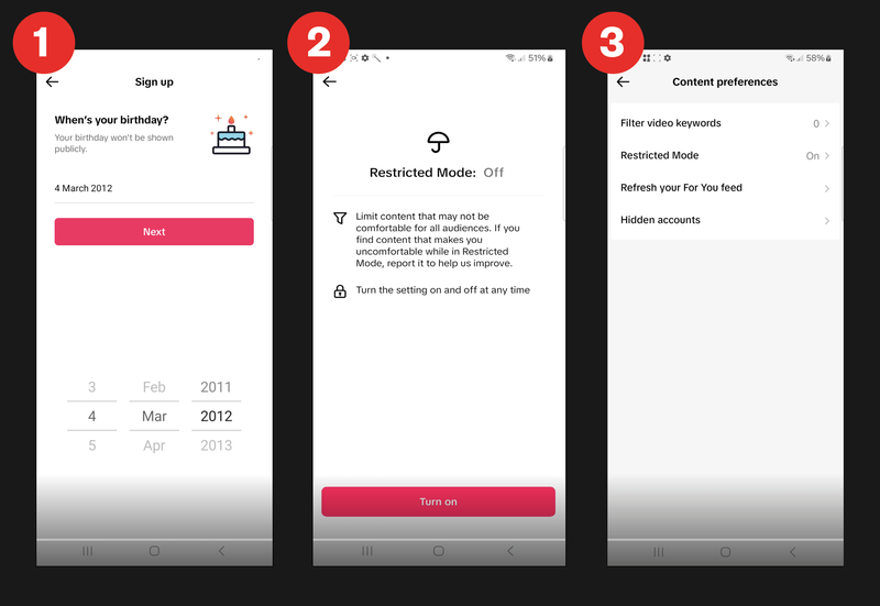 screenshots of sign-up process on tiktok, including turning on restricted mode