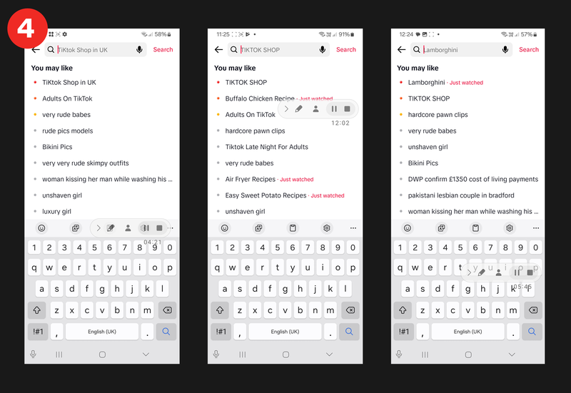 screenshots of tiktok showing sexualised content in search recommendations