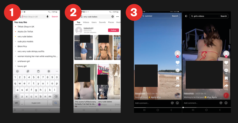 screenshots showing sexualised content recommended on tiktok