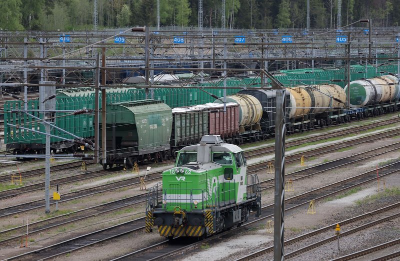 Russian rail freight cars at a railway yard in Vainikkala, Finland, in May 2022