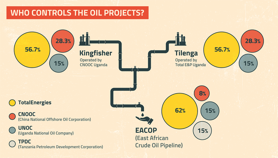 flow chart showing which companies control eacop oil projects, including totalenergies