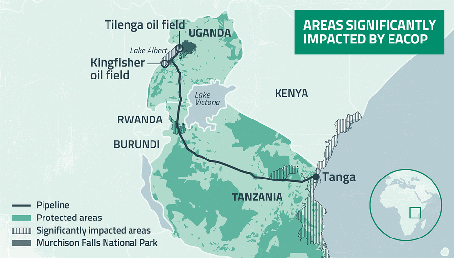 map showing areas impacted by proposed eacop pipeline route through uganda and tanzania